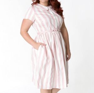 🧁B2G1🧁 Unique Vintage 1960s Style Pink & White Striped Regina Shirtdress